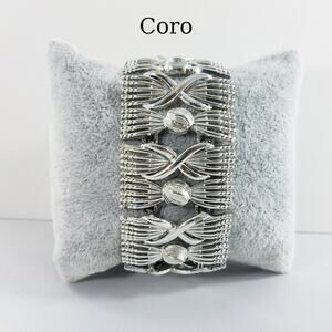 Vintage Coro Pegasus Wide Silver Tone Link Bracelet Mid Century Modern 1950s